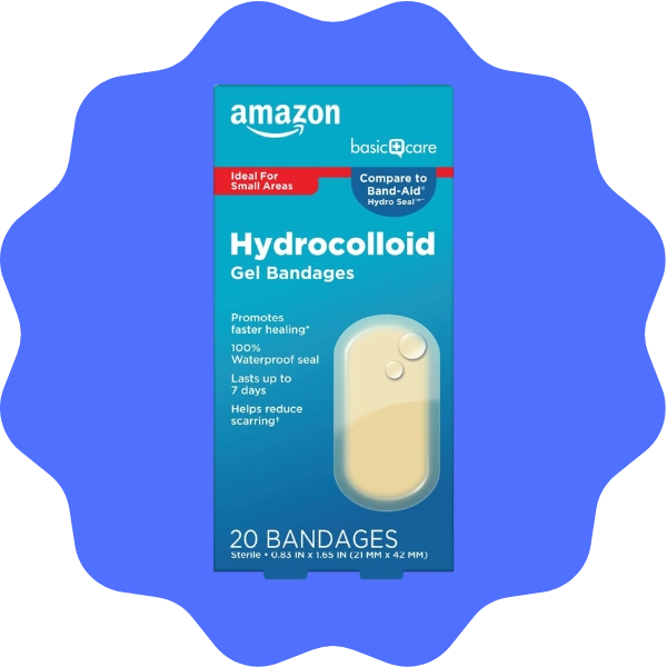 Amazon Basic Care non-medicated hydrocolloid acne patches and wound bandages, absorbent and flexible, protect pimples and support fast healing.