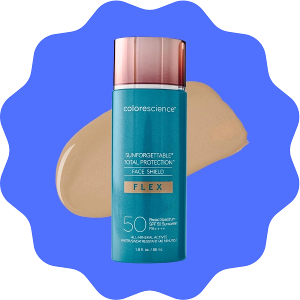 A bottle of Colorescience Total Protection Face Shield Flex SPF 50 for even tone and sun protection
