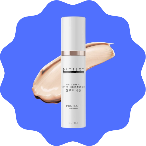 A bottle of DRMTLGY Anti-Aging Tinted Moisturizer SPF 46 for lightweight coverage and UV protection