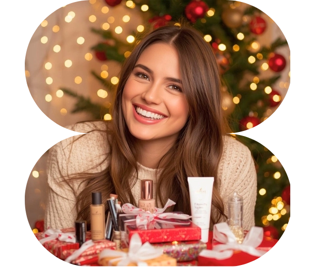 Happy young woman on Christmas with the best Beauty gifts on Amazon 2025