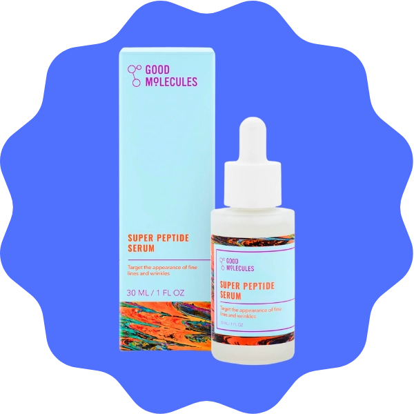A bottle of Good Molecules Super Peptide Serum for firming and plumping fine lines