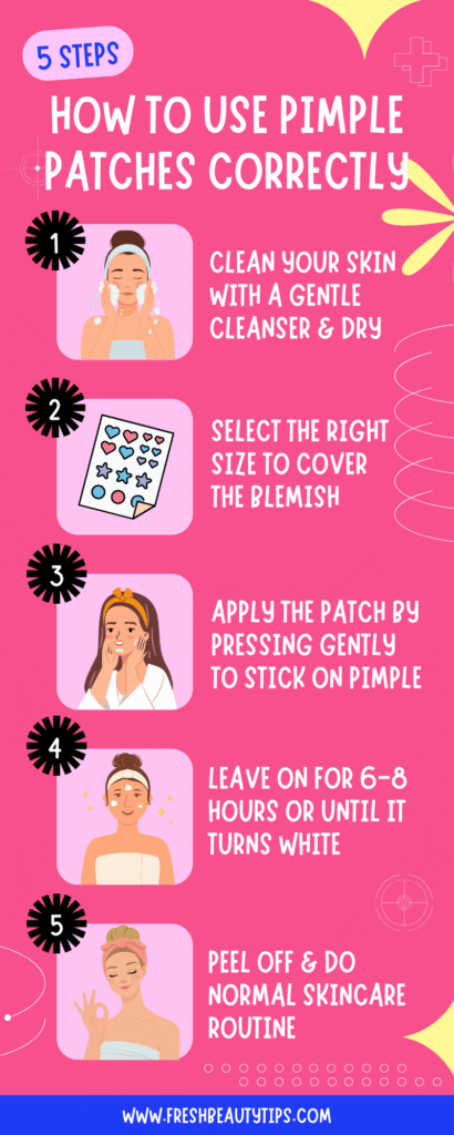 Infographic with 5 easy steps on how to use pimple patches correctly first cleanse and dry skin, then choose the right size patch, next press it onto the pimple, leave it on for 6–8 hours or until it turns white, then peel off and continue your normal skincare routine