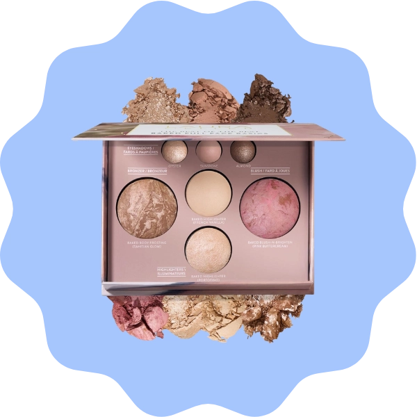 A Laura Geller Baked Palette featuring bronzer blush and highlighter for travel makeup looks