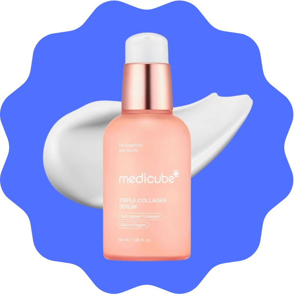 A dropper bottle of Medicube Triple Collagen Serum for brightening dull mature skin