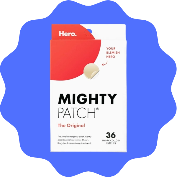 Hero Cosmetics medicated Mighty Patch hydrocolloid acne patch, overnight spot treatment for pimples and whiteheads, reduces blemishes in one use, dermatologist recommended.