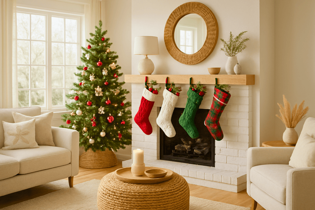 A minimal, holiday decorated living room with a Christmas tree and 4 hanging Stockings full of Stocking stuffers under $20 Amazon