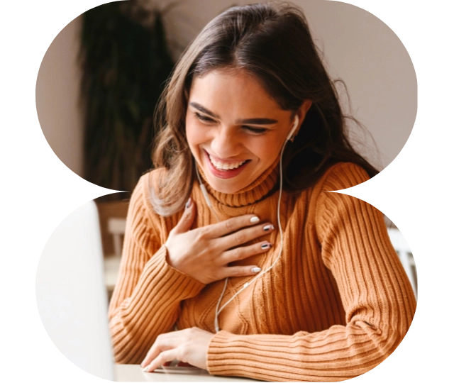 happy woman with hand on chest smiling at computer screen showing growth
