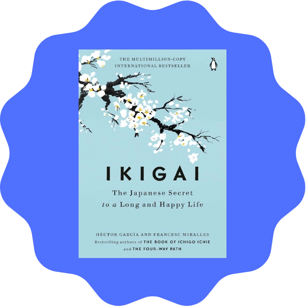 Product photo of book cover Ikigai the japanese secret to a long happy life in blue bubble