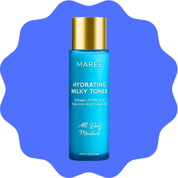 product photo of Maree hydrating milker toner with benefits of PDRN a Rice Toner with Niacinamide & Collagen, PDRN, Hyaluronic Acid, Ceramides on blue background