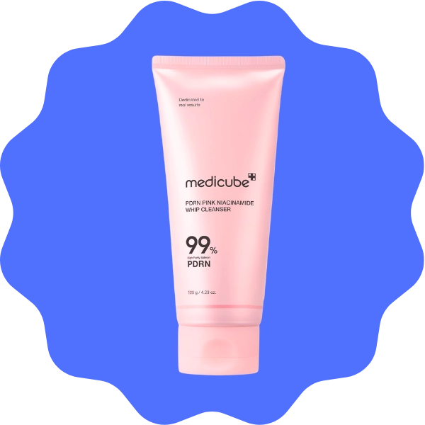 Product photo of medicube Facial Cleanser PDRN Marshmallow Whip Cleanser Deep Cleansing Foam for Pore Care, Uneven Skin Tone with Salmon DNA PDRN that's Hydrating & Nourishing Gentle Cleanse in Korean Skincare on blue background