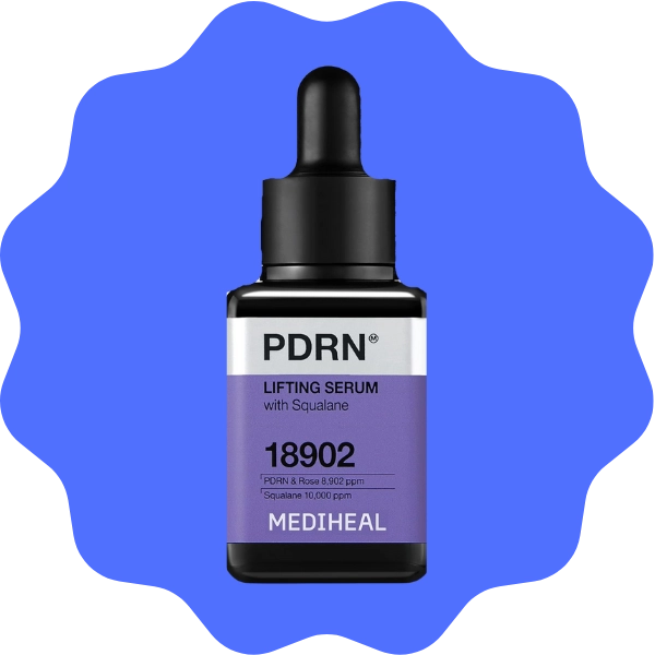 Product photo of bottle of Mediheal PDRN lifting serum with squalane on blue bubble