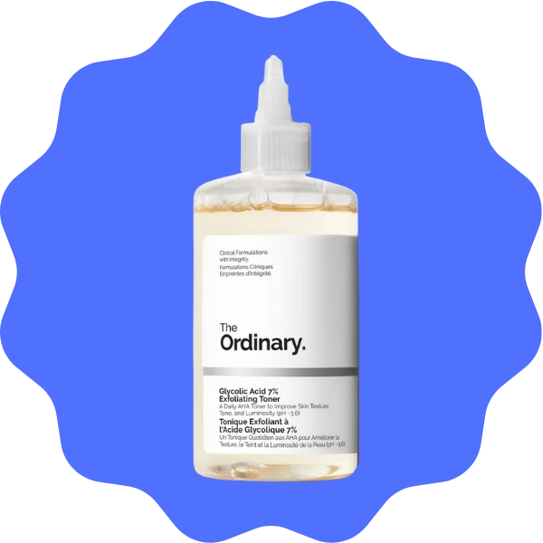 Product photo of bottle of The Ordinary Glycolic Acid Exfoliating Toner on blue bubble